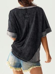 Bohemela 夏季休闲牛仔风格撞色V领短袖宽松水洗女式T恤 - 黑色 - 查看 7