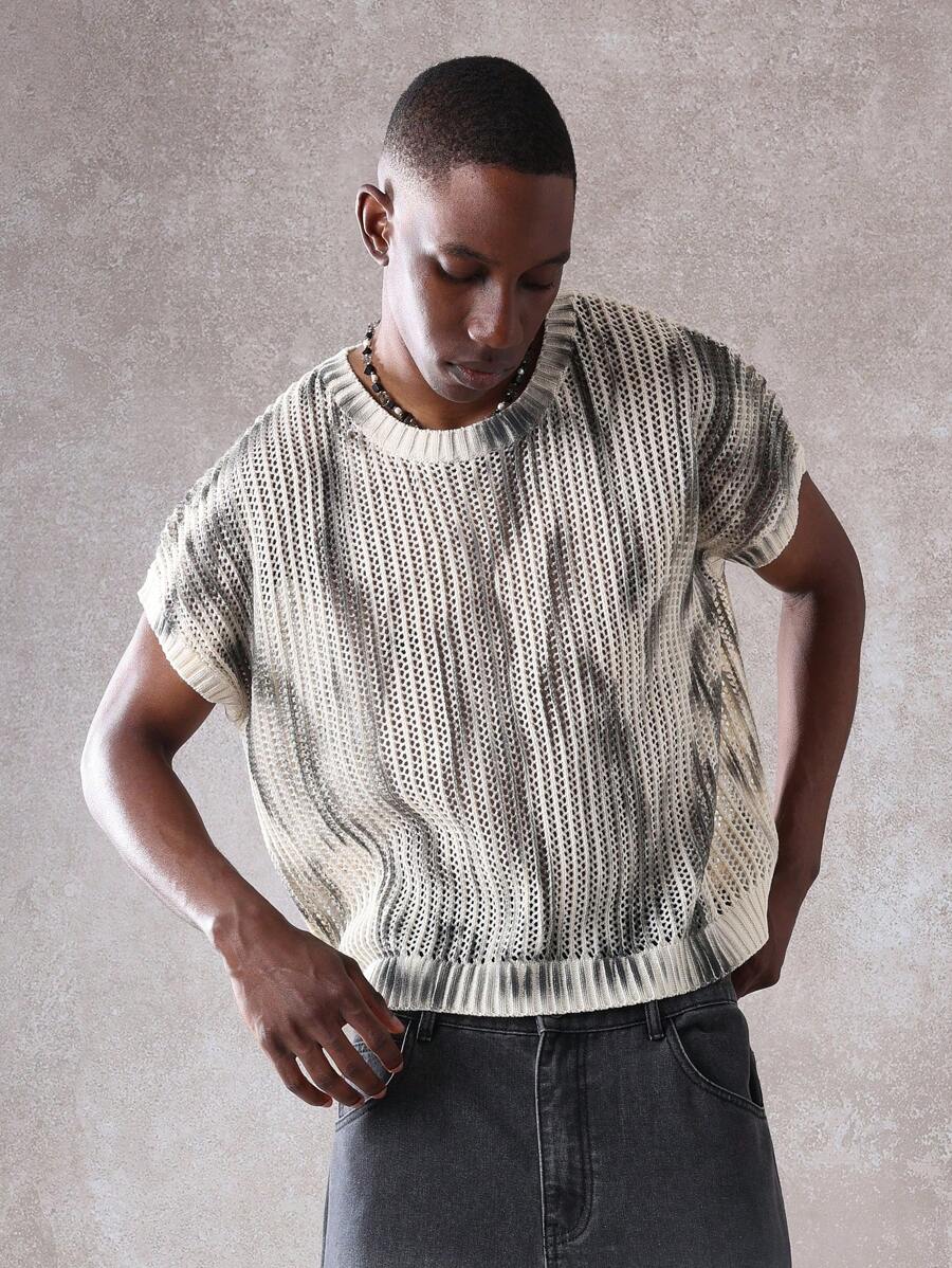 SUMWON Tie-Dye Effect Sleeveless Sweater Vest Ribbed Knit Tank Top Textured Athletic Streetwear Modern Urban Fall Winter Essential Layer Piece - Apricot - View 1