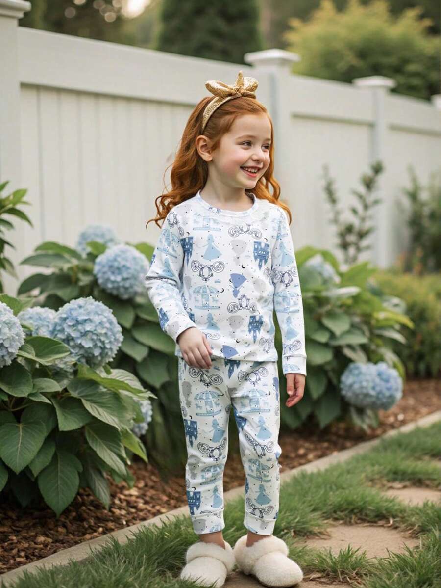2pcs Young Girl Princess Castle Silhouette Print White Lace Collar Long Sleeve Snug Fit Top And Leggings Pajama Set   Summer Kids  Princess And Castle "Cute Pajamas, Little Girl's Pajamas, Snug Fit - Blue and White - View 1