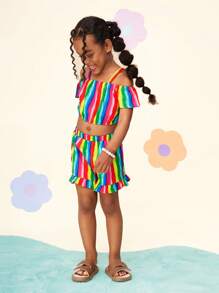 Young Girl Woven Striped Off Shoulder Cami Top With Ruffle Trim Shorts 2pcs Set - Multicolor - View 4
