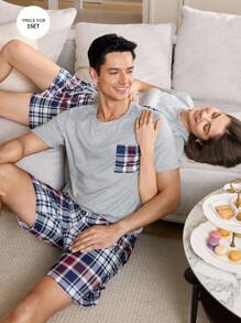 Manfinity Contrast Plaid Print Pocket Decor Men's Short Sleeve Top And Shorts Pajama Set, Casual Home Wear - Multicolor - View 4