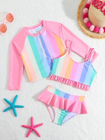 SHEIN 年轻女孩彩色条纹拉链细节比基尼套装