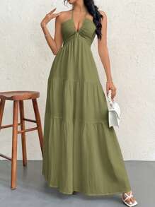 Firerie Women's Crinkle Fabric Backless Halter Tie-Back Long Flowy Dress, Suitable For Holiday, Wedding, And Occasions,Bohemia,Summer Dresses For Women - Army Green - View 5