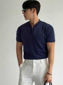 DAZY Summer Men's Slim Fit V-Neck T-Shirt, Solid Blue Color Business Attire - Blue - View 3