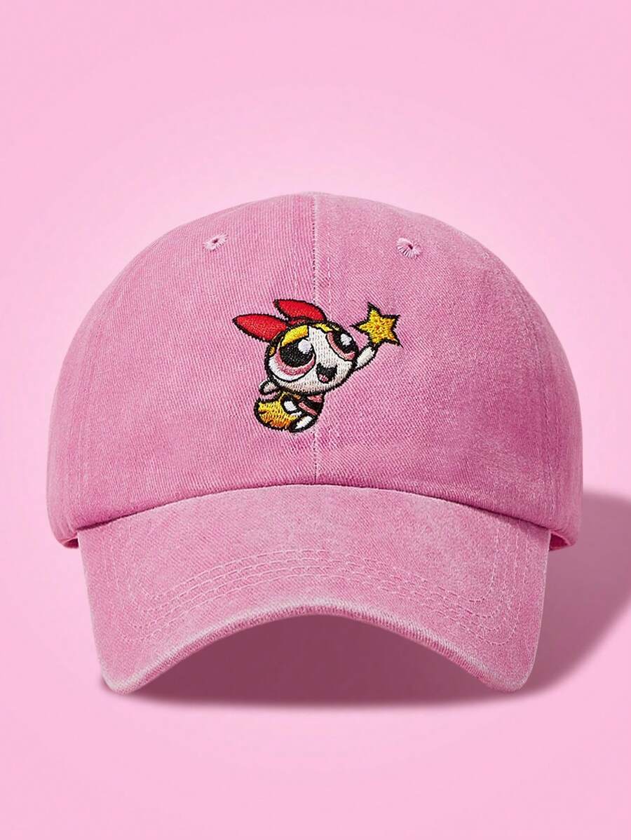 THE POWERPUFF GIRLS X SHEIN Blossom Embroidery Pink Washed Baseball Cap - Pink - View 1