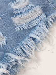SHEIN EZwear Distressed Frayed Hem Denim Shorts - Light Wash - View 4