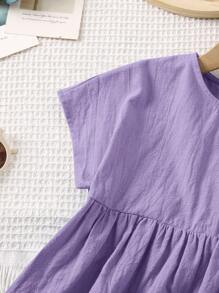 SHEIN LMoss Kids LMoss Young Girl Young Girl Woven Solid Color Loose Casual Blouse With Round Neck & Bowtie - Purple - View 3