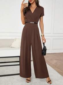 SHEIN Clasi 女式简约优雅纯色连体裤，带侧袋，夏季 - 棕色 - 查看 6