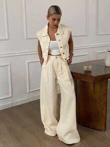 Livesso Women's Single-Breasted Vest And Wide-Leg Jeans Suit Work Women Clothes