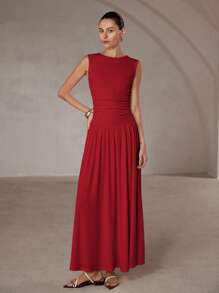 Aveloria Modichic 白色极简设计感高端知性奢华百褶圆领无袖连衣裙 - 紅色 - 查看 4