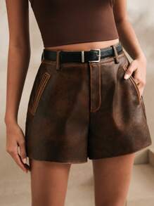 Anewsta Elaire Shorts de mujer con presillas de cinturón de piel de PU lavada con efecto ombré, para vacaciones de verano, Año Nuevo, primavera