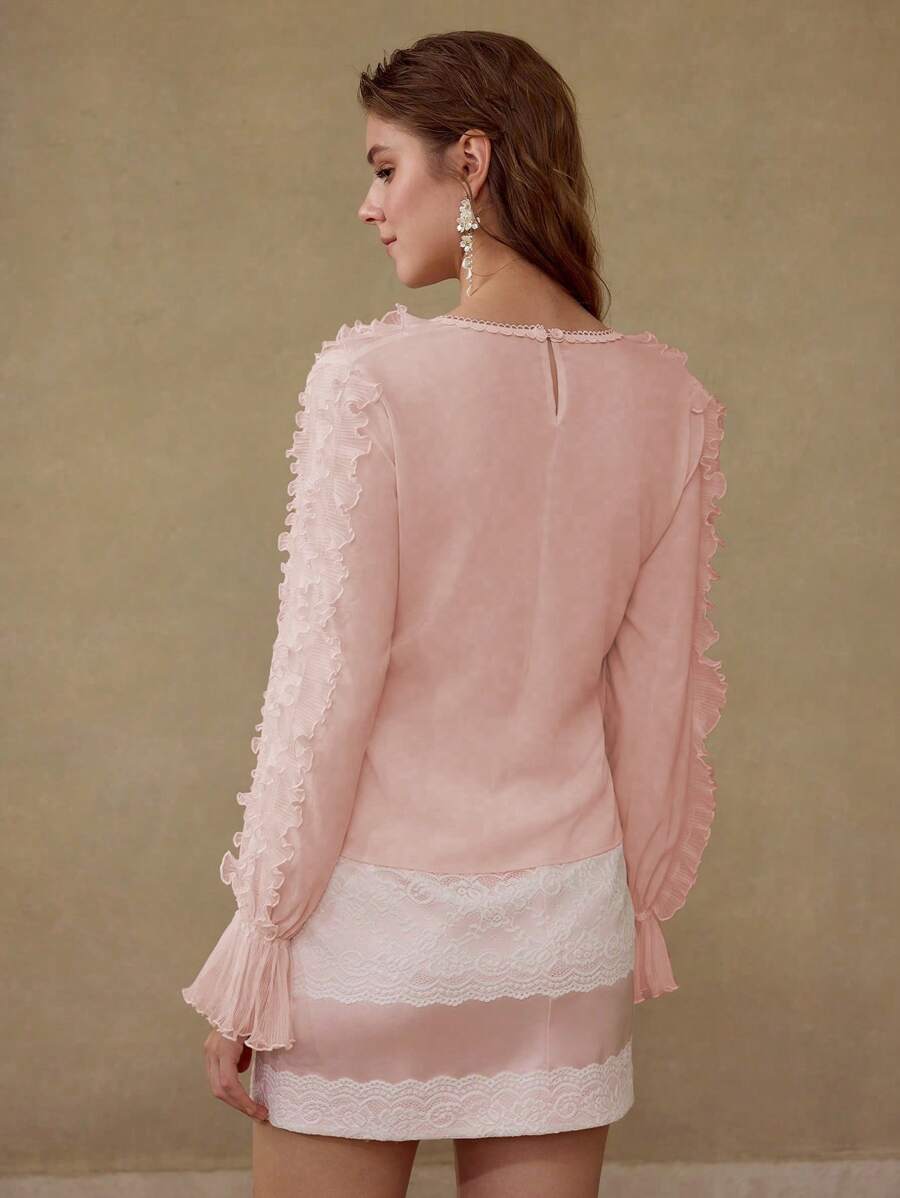 MOTF FRILL CONTRAST LACE BLOUSE - Pink - View 2