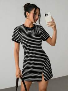 SHEIN PETITE Striped Print Colorblock Trim Summer Short Sleeve Dress,Rave Outfits Festival,Summer Dresses For Women - Black and White - View 1