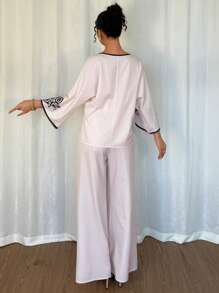 Chiquease Women's Elegant Printed 3/4 Sleeve Top And Wide Leg Pants Two Pieces Set, Vacation Suitable