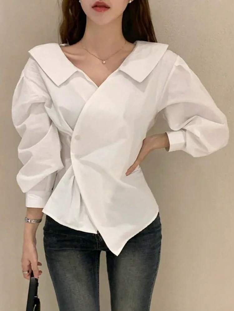 Asymmetric Design Collar Long Sleeve Blouse For Women