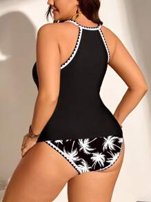 Swim Lushoire 大码拼色圆领无袖上衣和下装套装黑色泳衣女士加大码泳衣泳衣套装