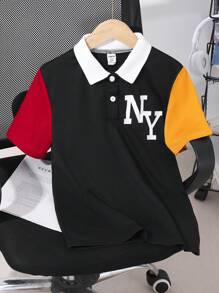 SHEIN 男童超大款运动美式休闲撞色字母印花短袖 Polo 衫 - 彩色 - 查看 1