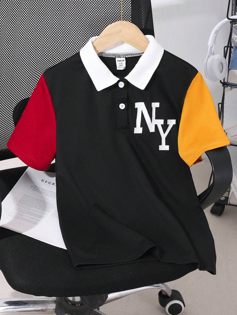 SHEIN 男童超大款运动美式休闲撞色字母印花短袖 Polo 衫 - 彩色 - 查看 1
