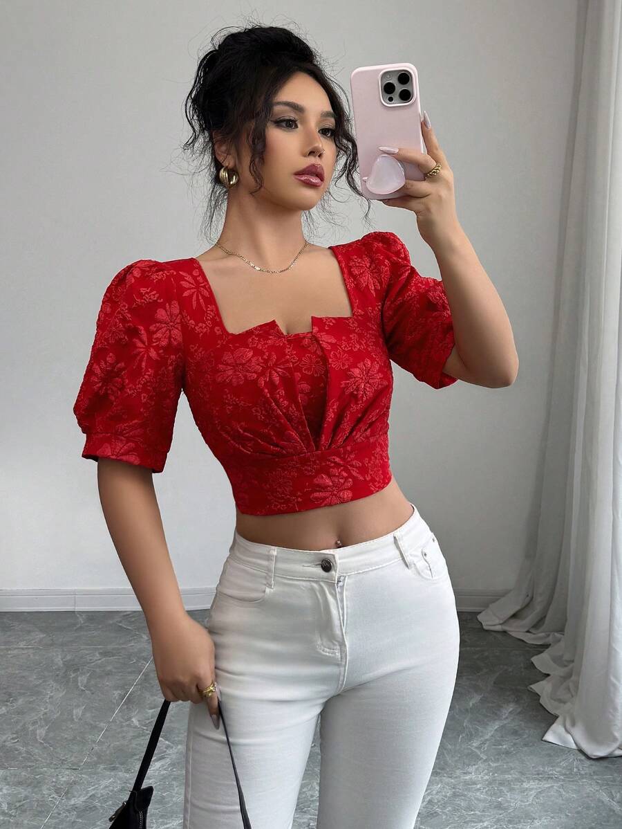 Elenzga Women's Elegant Solid Color Jacquard Puff Sleeve Cropped Blouse, Summer