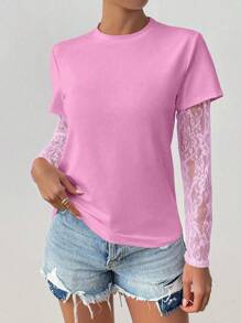 Chiquease 女士纯色袖蕾丝拼接透明长袖T恤 - 粉色 - 查看 4