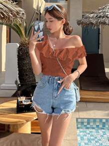 DAZY Women Asymmetrical Neck Ruffled Hollow-Out Embroidery T-Shirt, Summer,Crop Tops Women Vacation Outfits Women - Burgundy - View 4