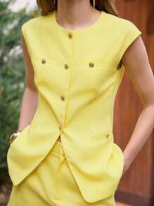 MOTF PREMIUM WOMEN'S LINEN SINGLE BREASTED WAISTCOAT, SUMMER VACATION - Yellow - View 3