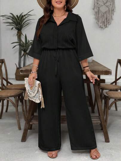 SHEIN VCAY 大码白色纹理面料领短袖腰部收紧宽松连体裤，休闲百搭