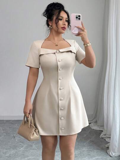 Elenzga Vestido corto de manga corta y estilo elegante francés para mujer de talla grande, con cuello trapecio y cierre delantero con botones, adecuado para usar en la oficina, primavera/verano