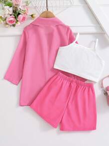 SHEIN Elladie kids 年轻女孩纯色长袖衬衫、短裤2件套+夹克 - 玫紅色 - 查看 2