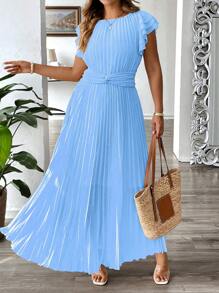 SHEIN Clasi Plus Size Women Elegant Solid Color Pleated Twist Dress - Blue - View 1