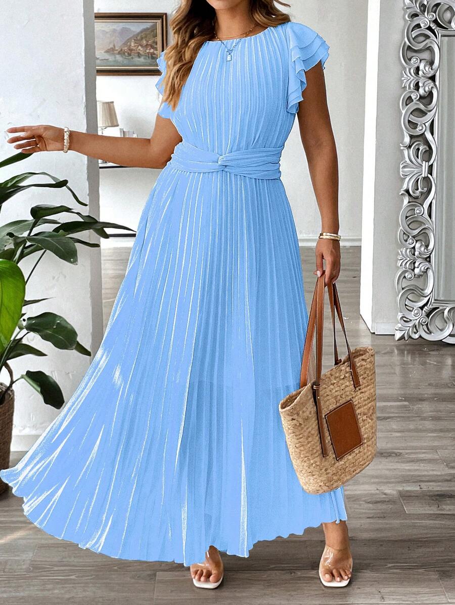 SHEIN Clasi Plus Size Women Elegant Solid Color Pleated Twist Dress - Blue - View 1
