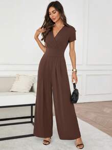 SHEIN Clasi 女式简约优雅纯色连体裤，带侧袋，夏季 - 棕色 - 查看 4