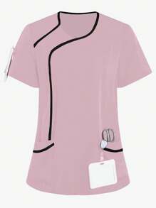 TaskEZ Women Contrasting Color Trim Short Sleeve Top, Scrub Tops - Baby Pink - View 3