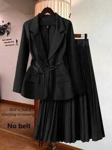 Franclia 大码纯色前扣口袋长袖上衣和 A 字裙 2 件套 - 黑色 - 查看 1