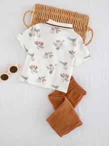 Cozy Pixies 2pcs Baby Boy Cartoon Animal Print Polo Collar Short Sleeve Pullover Top And Elastic Waist Pants Set