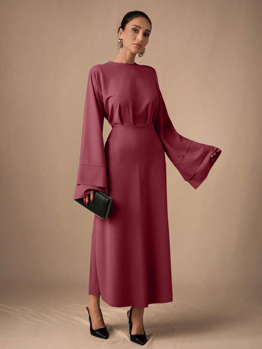 EURMUSE Elegant Solid Color Flared Sleeve Dress - Dusty Pink - View 1