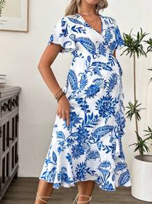SHEIN Maternity Casual Full Print Ruffled Tie Wrap Dress - Blue - View 3