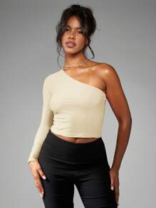 MISSGUIDED One Shoulder Asymmetric Crop Top Elegant Long Sleeve Evening Party Club Fashion Fitted Blouse Spring Summer Fall - Cream - View 1