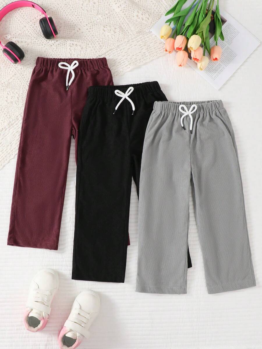 Elladie kids 3-Piece Young Girl' Casual Solid Color Ribbed Leggings With Bow Elastic Waist, Comfortable Everyday Wear, Spring/Autumn, School, Campus, College Summer Holiday - Multicolor - View 1