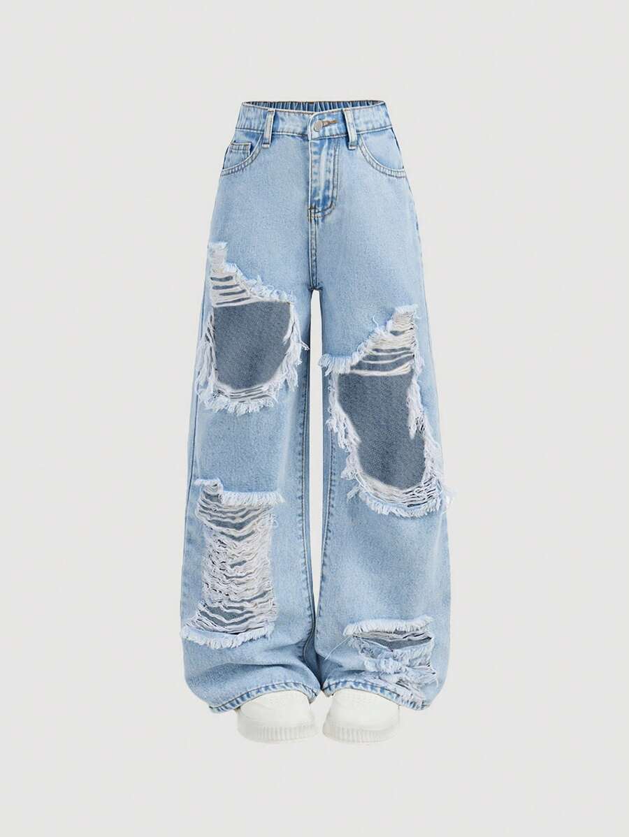 SHEIN Girlism 青少年女孩 Y2K 夏季浅色水洗镂空破洞宽松直筒牛仔裤，女孩夏季海滩波西米亚风度假休闲狂欢音乐会 - 淺色水洗藍 - 查看 1