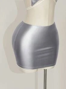 SHEIN ICON Plus Size Metallic Silver Bodycon Mini Skirt, Music Festival - Silver - View 3