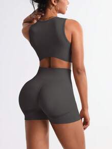 Easithlete Ensemble de yoga avec débardeur et shorts couleur café, avec débardeur imprimé de lettres pour femme, tenue de sport