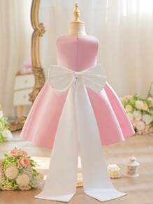 SHEIN Young Girl Classic Woven Faux Pearl Embroidered Bow Decor Dress - Pink - View 2