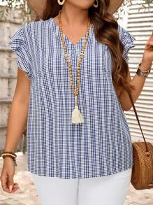 EMERY ROSE 大码女式夏季休闲蓝白格子短袖V领衬衫，度假女装，简约时尚，日常穿着皆宜。 - 彩色 - 查看 1