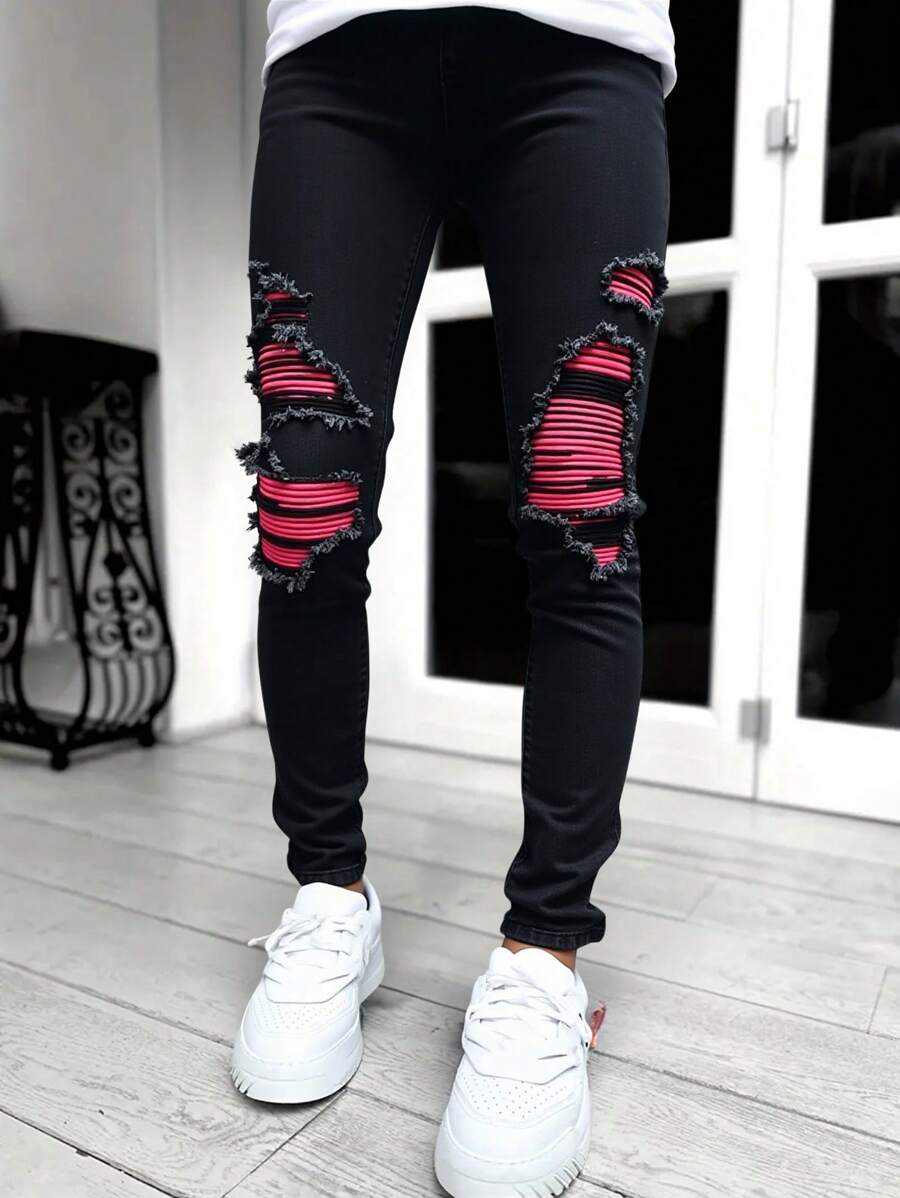 SHEIN Tween Boy Fashion Casual Base Comfortable Soft Cut Out Ripped Frayed And Red Patchwork Design Black Denim Stretch Skinny Jeans For Boy Soft Dailywear And Kids Summer And Spring Clothes