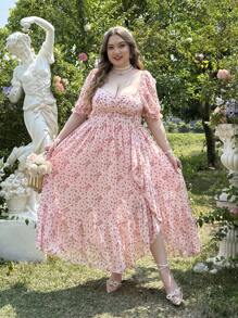 Lyrianda Vestido de fiesta estilo princesa de talla grande con cuello cuadrado y estampado floral pequeño en rosa pálido, con detalles de encaje retro, cintura ceñida y mangas abullonadas para mujeres, ideal para San Valentín, con motivos de rosas, corazones, lunares, amor, labios y Cupido