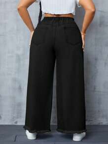 SHEIN SXY Plus Size Casual Solid Color Slant Pocket Frayed Hem Wide Leg Pants - Black - View 2