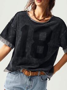 Bohemela Women Knit Contrast Color Round Neck Short Sleeve Loose Wash Tee Shirt - Black - View 3