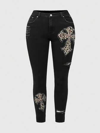Y2K Style Leoparden Patch, Kreuz Stickerei und Strass zerrissene Skinny Fit Jeans für Große Größen