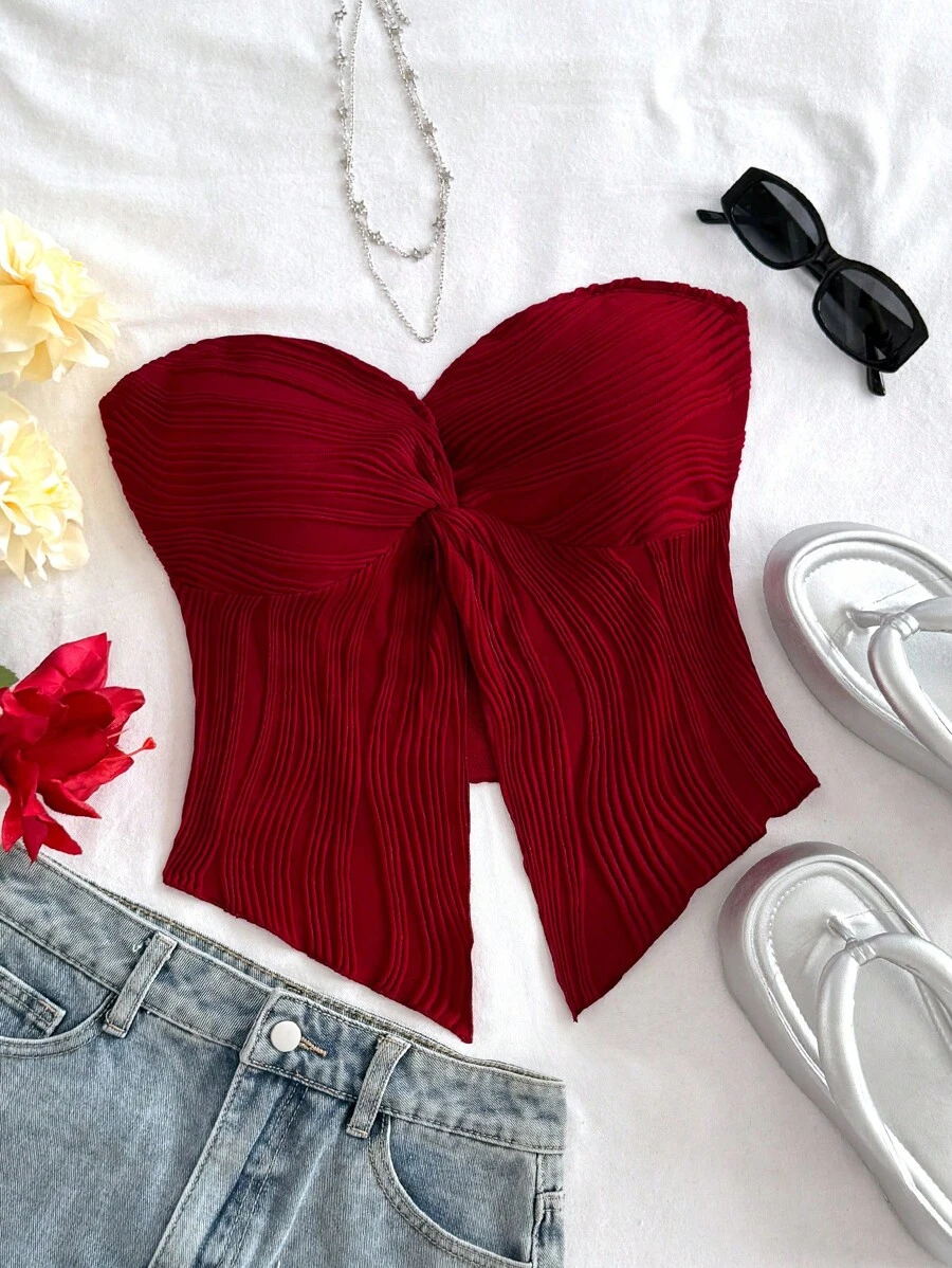 Soleia 性感休闲度假扭纹开衩纹理面料抹胸上衣 - 酒紅色 - 查看 1
